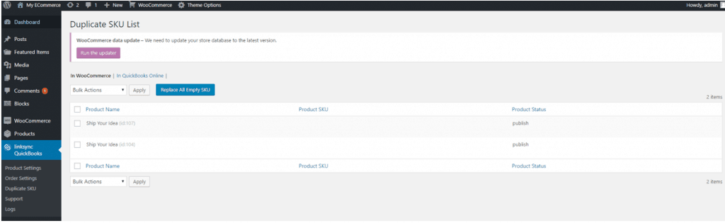linksync WooCommerce and QuickBooks Online Duplicate SKU list